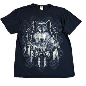 Vintage Wolf T-Shirt Native American Indian Dream Catcher Tribal Art Size Large
